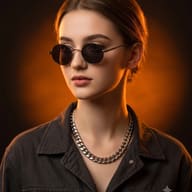 Cinematic Portrait Photography AI Photo Editing Prompt. AI generated studio portrait of a young woman wearing round dark sunglasses and a thick silver chain with warm orange backlighting.