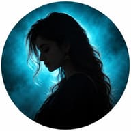 ChatGPT AI Prompt: Atmospheric silhouette of a woman wearing traditional earrings, backlit by cyan smoke in a circular crop.