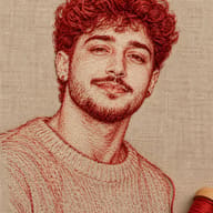 Textured 3D red thread embroidery illustration of a smiling young man with curly hair and a light beard on beige linen canvas connected to a wooden thread spool.