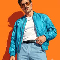 AI Prompt: Premium hand-painted digital portrait of a man with a mustache wearing a cyan jacket and light blue trousers.
