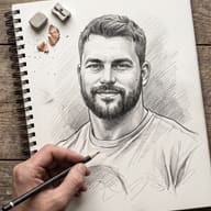 AI Image Prompt: Overhead view of a pencil sketch of a smiling bearded man with sharpener and shavings.