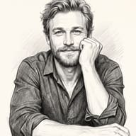 AI Photo Prompt: Expressive fine-art pencil sketch of a mature man with messy wavy hair and a full beard smiling warmly while resting his face on his hand.