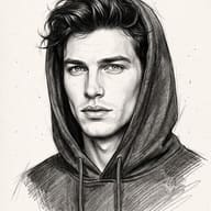 Handsome Boy in Hoodie Sketch AI Photo Editing Prompt. AI generated pencil sketch portrait of a stylish young man with messy hair wearing a hoodie.