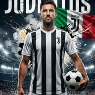 AI-generated sports portrait of a male soccer player in a Juventus kit holding a football in a crowded stadium with dramatic ink splashes and an Italian flag under a large "JUVENTUS" title.
