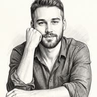 Gemini AI generated Traditional graphite drawing of a handsome man with wavy hair leaning forward and gently resting his cheek on his curled hand.