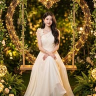 Romantic Heart Swing Portrait AI Photo Editing Prompt. AI generated realistic portrait of an elegant woman in a white gown sitting on a wooden swing under a large, glowing heart-shaped arch decorated with fairy lights and foliage in a candlelit garden.