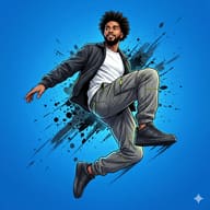 AI generated digital illustration of a smiling bearded man jumping mid-air in a black jacket and grey cargo pants against a bright blue background with black ink splatters.