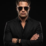 Cinematic Gemini AI generated studio portrait of a man with an intense expression, messy hair, tailored black suit, and dark aviator sunglasses.