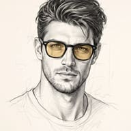 AI generated Sketch Portrait of a stylish man with wavy hair, stubble, and black-rimmed yellow-tinted lenses.