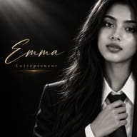 AI generated High-end cinematic image of a woman in a suit with dramatic lighting and Emma Entrepreneur typography.