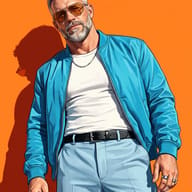 Gemini AI Generated Vector art portrait of a stylish older man with a silver beard wearing a cyan bomber jacket against an orange wall.