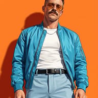 Gemini AI Prompt: Comic-book style key art illustration of a confident man in a blue nylon bomber jacket and white t-shirt.