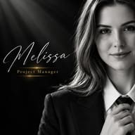 ChatGPT AI generated Cinematic corporate picture of a woman named Melissa Project Manager in a black and white editorial layout.