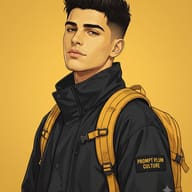 Handsome Modern Anime Boy in Black Jacket and Yellow Backpack AI Photo Editing Prompt. AI generated modern anime illustration of a confident young man with messy black hair and blue eyes, wearing a black tactical jacket and a yellow backpack with 'PROMPT PLUM CULTURE' patch text, set against a solid yellow background.