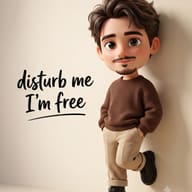 AI Image Prompt: Stylized 3D avatar of a young man with a goatee leaning against a warm beige wall featuring dark typography