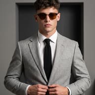 AI Photo Prompt: Sophisticated studio portrait of a modern man with textured hair wearing a knit tie and luxury sunglasses looking confident.