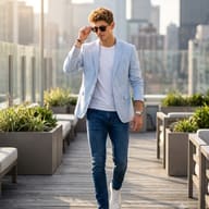 Gemini Generated Premium editorial portrait of a handsome man wearing a linen jacket and jeans walking forward against a blurred city skyline.
