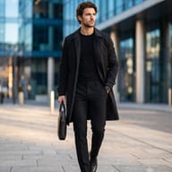 Modern Businessman in All-Black Walking AI Photo Editing Prompt. AI generated professional urban portrait of a young man in an all-black business outfit and long coat, walking confidently with a leather briefcase on a city sidewalk during golden hour.