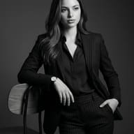 Professional Woman in Pinstripe Suit AI Prompt. AI generated monochrome studio portrait of a young woman in a dark pinstripe suit leaning against a chair.