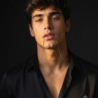 Dark cinematic male portrait with a silver chain AI Photo Editing Prompt. AI generated studio portrait of a handsome man in a black silk shirt biting a chain.