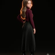 3D Stylized Girl in Burgundy Sweater AI Photo Editing Prompt. AI generated 3D illustration portrait of a beautiful young woman with long dark hair wearing a burgundy turtleneck and a black pleated skirt, standing against a dark background with cinematic rim lighting.   