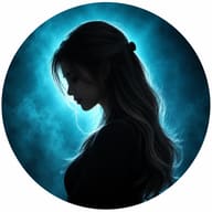 ChatGPT Image Prompt: Elegant silhouette portrait of a woman with long flowing hair illuminated by a strong cyan rim light.