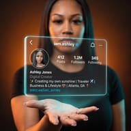 AI Image Prompt: Portrait of a Woman with long black hair displaying a floating cyan-lit holographic Instagram bio card.