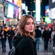 Woman in Neon City Night Portrait AI Photo Editing Prompt. AI generated realistic portrait of a young man wearing a black hoodie and backpack looking over his shoulder against blurry neon city lights.