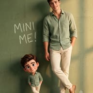 AI generated creative portrait featuring a real man and a small animated character, both in identical green shirts and trousers, mirroring each other in front of a green wall with the chalk text 'MINI ME!'.