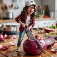 AI Image Prompt: Photorealistic macro shot of a tiny crying woman in a flannel shirt struggling to cut a giant red onion with a huge knife.