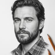 Bearded Man Pencil Sketch AI Photo Editing Prompt. AI generated pencil sketch portrait of a bearded man with wavy hair wearing a flannel shirt on white paper.