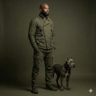 Bearded Black Man and Pitbull AI Photo Editing Prompt. AI generated studio portrait of a bald man in olive quilted tactical gear standing with a grey Pitbull.