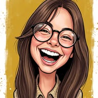 AI Image Prompt: Vibrant digital caricature portrait of a laughing woman with long brown hair and round glasses on a mustard-yellow background.