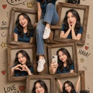 Scrapbook Collage AI Photo Editing Prompt. AI-generated portrait of a girl posing playfully across multiple wooden photo frames with vintage cameras and hand-drawn doodles.