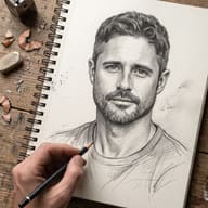 AI Prompt: Realistic hand-drawn graphite portrait of a bearded man on a sketchbook over a wooden desk.