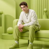 Cute Man in Green Monochrome Studio AI Photo Editing Prompt. AI generated cinematic portrait of a bearded man in a cream sweater and green joggers sitting on a green couch in a surreal all-green room.