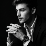 Suited Man Profile Portrait Prompt. AI generated studio portrait photography of a young man in a tailored black suit and white shirt, looking to the side with clasped hands displaying a watch and ring.