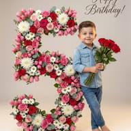 Boy with Floral Number 5 AI Photo Prompt. AI generated studio portrait of a young boy in denim holding red roses next to a large floral number five with "Happy Birthday" text.
