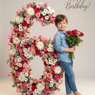 Boy with Floral Number 6 Birthday AI Photo Editing Prompt. AI generated studio portrait of a young boy in denim leaning against a large floral number six while holding a bouquet of roses.