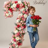 Boy with Floral Number 6 Birthday AI Photo Editing Prompt. AI generated studio portrait of a young boy in denim leaning against a large floral number six while holding a bouquet of roses.