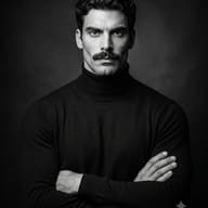 Monochrome Studio Portrait AI Prompt. AI generated portrait of a mustached man in a black turtleneck standing with arms crossed against a dark background.