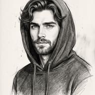 Handsome Boy in Hoodie Sketch AI Photo Editing Prompt. AI generated pencil sketch portrait of a stylish young man with messy hair wearing a hoodie.