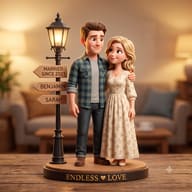 Romantic Miniature Art AI Photo Editing Prompt. AI generated 3D diorama of a cute couple embracing by a lit vintage street lamp.