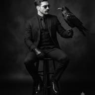 Man in Black Suit Holding Raven Studio Portrait AI Photo Editing Prompt. AI generated monochrome studio portrait of a stylish man in a black three-piece suit, sunglasses, and leather gloves seated on a stool with a black raven perched on his hand.   