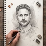 Gemini AI Photo Prompt: Hand drawing a realistic graphite pencil portrait of a bearded man on a spiral sketchbook.