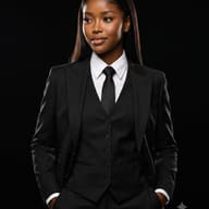 Black Woman in Black Three-Piece Suit Portrait AI Photo Editing Prompt. AI generated professional portrait of a confident woman with short wavy hair wearing a suit and tie with hands in pockets against a black background.