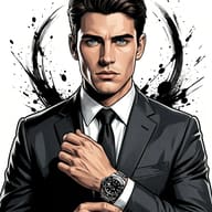 AI generated digital illustration portrait of a handsome man in a suit and tie adjusting his watch against a black ink splatter background.