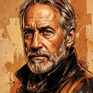Aged Rugged Man in Comic Style Illustration AI Photo Editing Prompt. AI generated digital illustration of a handsome, bearded man with messy hair and a leather jacket in a vintage graphic novel style.   