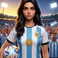 3D Animated Woman in Argentina Jersey AI Photo Editing Prompt. AI generated 3D illustration of a young woman wearing an Argentina national team football jersey and holding a soccer ball in a cheering stadium.