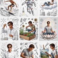 Doodle Line Art Hobby Collage AI Photo Editing Prompt. Gemini AI generated digital illustration of a young man in nine hand-drawn scenes including surfing, astronaut, chemist, gardener, and painter.